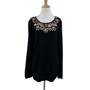 Justin Laurent Paris Sweater Women L Large Embellished Jeweled Neck Ribbed Black